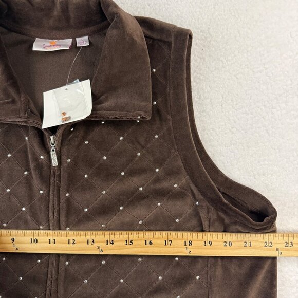 Quacker Factory Velour Zip Vest Rhinestones Pockets Western Rodeo Brown Sz L NEW - Picture 10 of 11